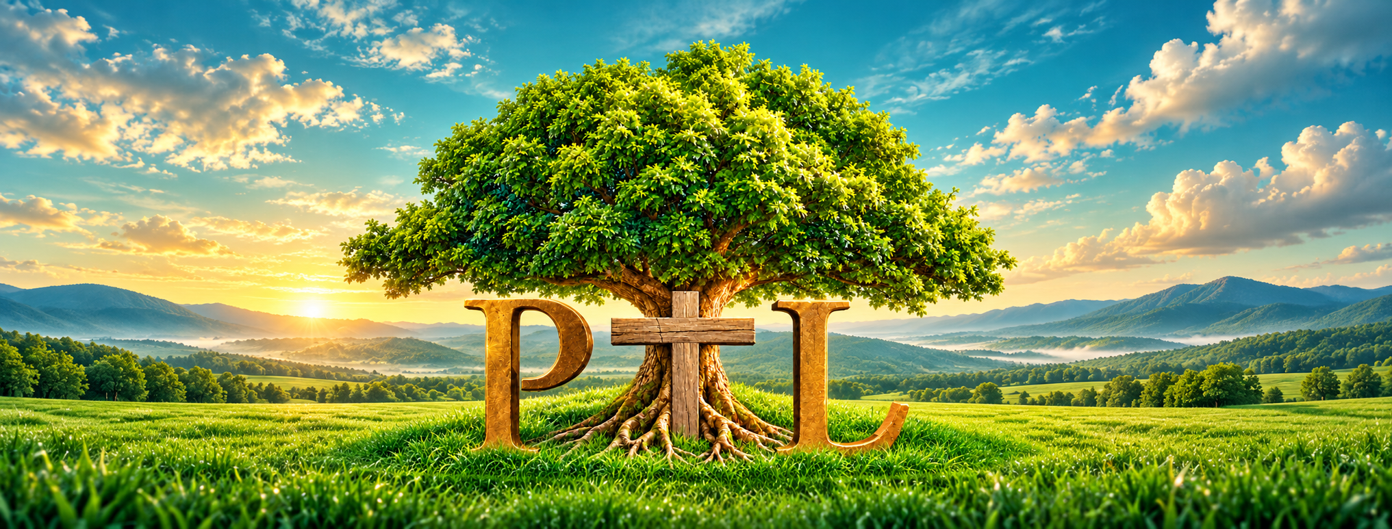 PTL Landscaping — tree and cross over a lush Arizona landscape at sunrise